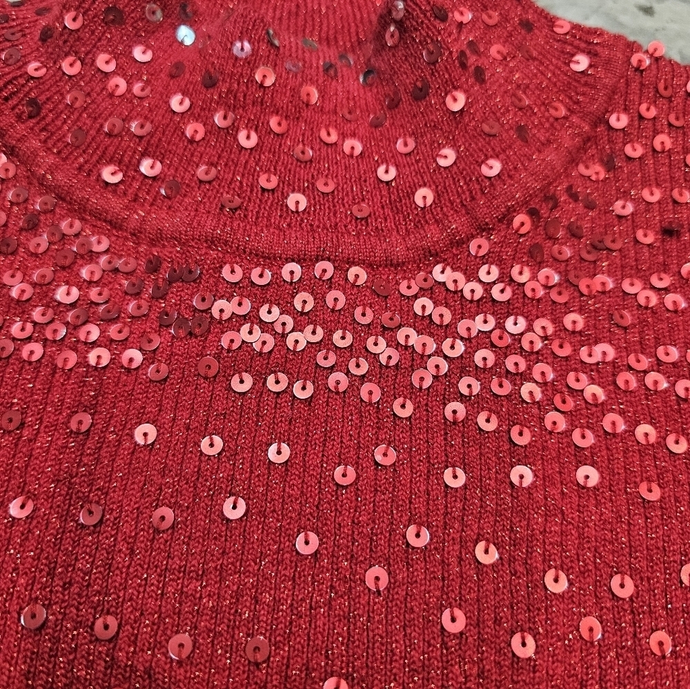Red Sequin Sparkle Sweater Women’s Ribbed Metallic Knit Holiday Party Top M - Picture 2 of 10